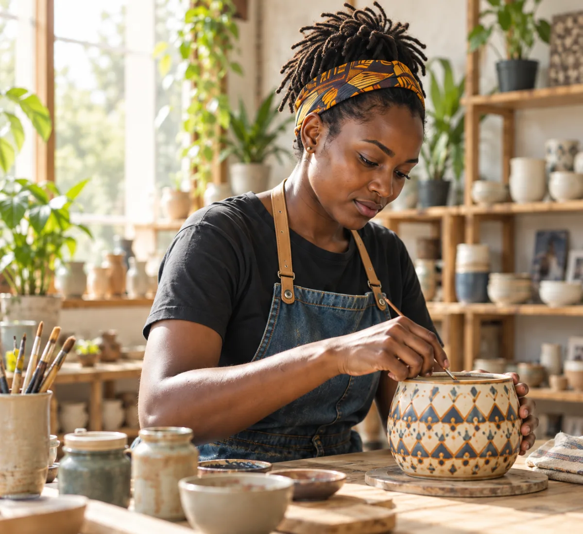 A ceramic maker working in her studio