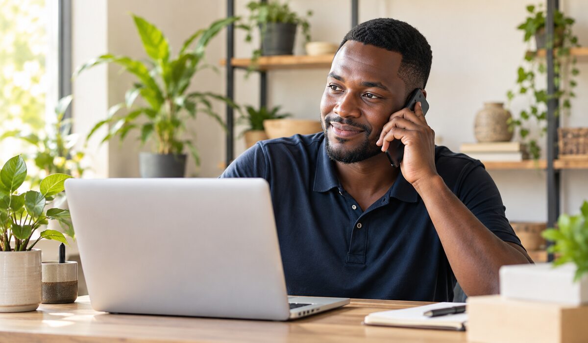 A business owner on the phone at his laptop