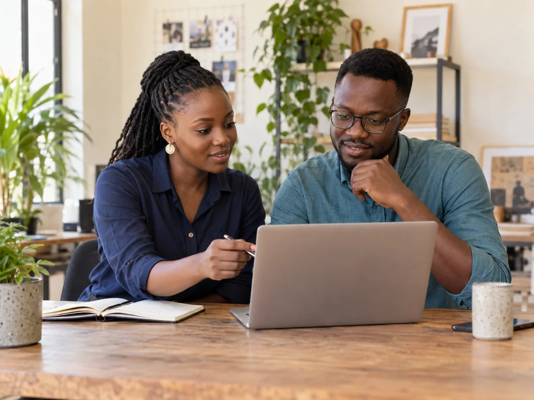 Two designers discussing a website project at a studio desk